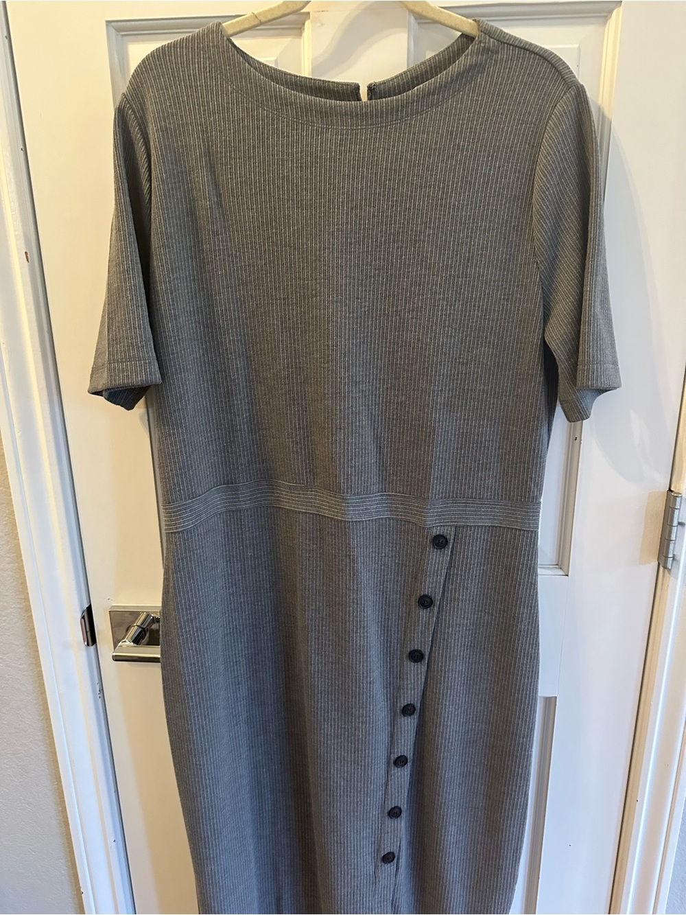 LOFT Gray Ribbed Midi Dress with Side Buttons